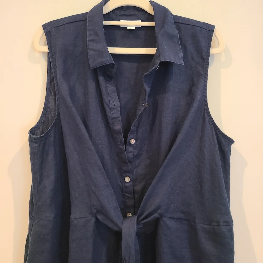 J.Jill Love Linen Navy Blue Tie Front Button Down Collared Tank Midi Dress - Picture 3 of 9